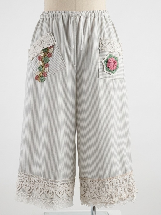 Hand Crafted Pants - Upcycled Boho Cottagecore Striped Lace Trim Wide Leg Crop Pants Size S to Large